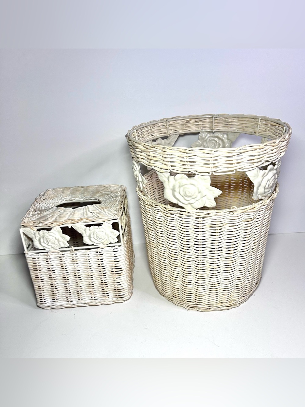 White Wicker and Metal Rose Waste Basket and Tissue Holder Set Shabby Chic